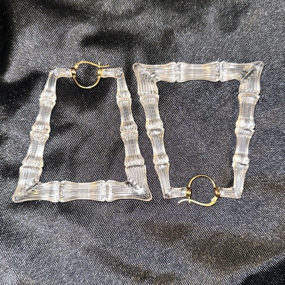Gold & Honey Clear Lucite Bamboo Hoop Earrings - Picture 2 of 5